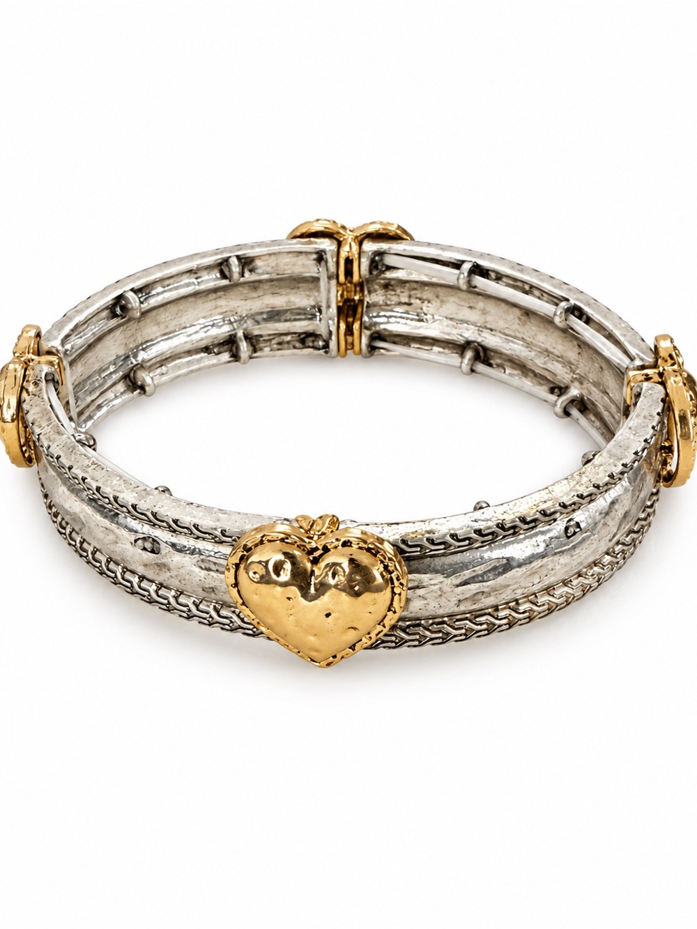 Gold & Silver Heart Accent Bangle Stretch Bracelet